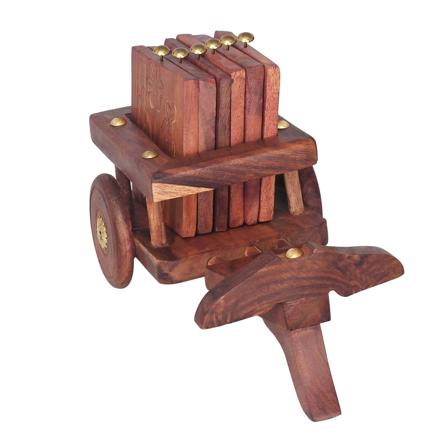 Handcrafted Sheesham Wood Table Coaster Set with Trolley | The Indian Aura