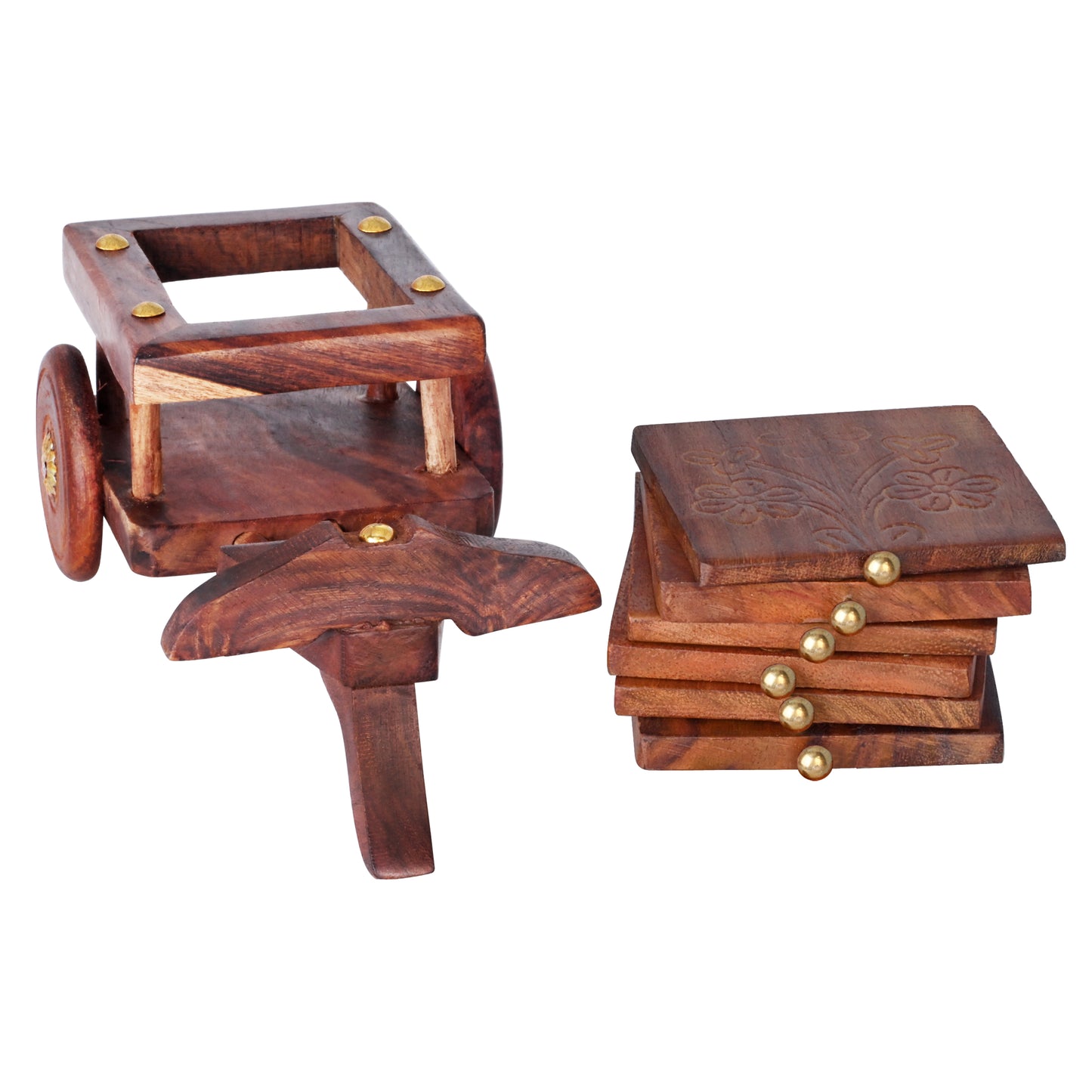 Handcrafted Sheesham Wood Table Coaster Set with Trolley | The Indian Aura