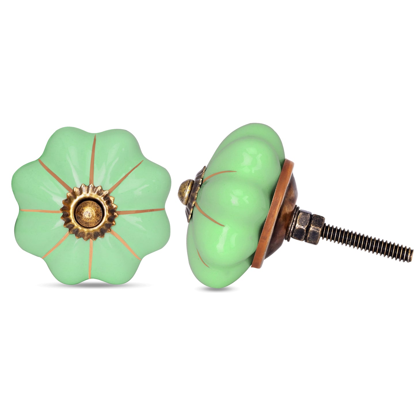 Handcrafted Green Gold Line Detailing Ceramic Drawer Knob | The Indian Aura