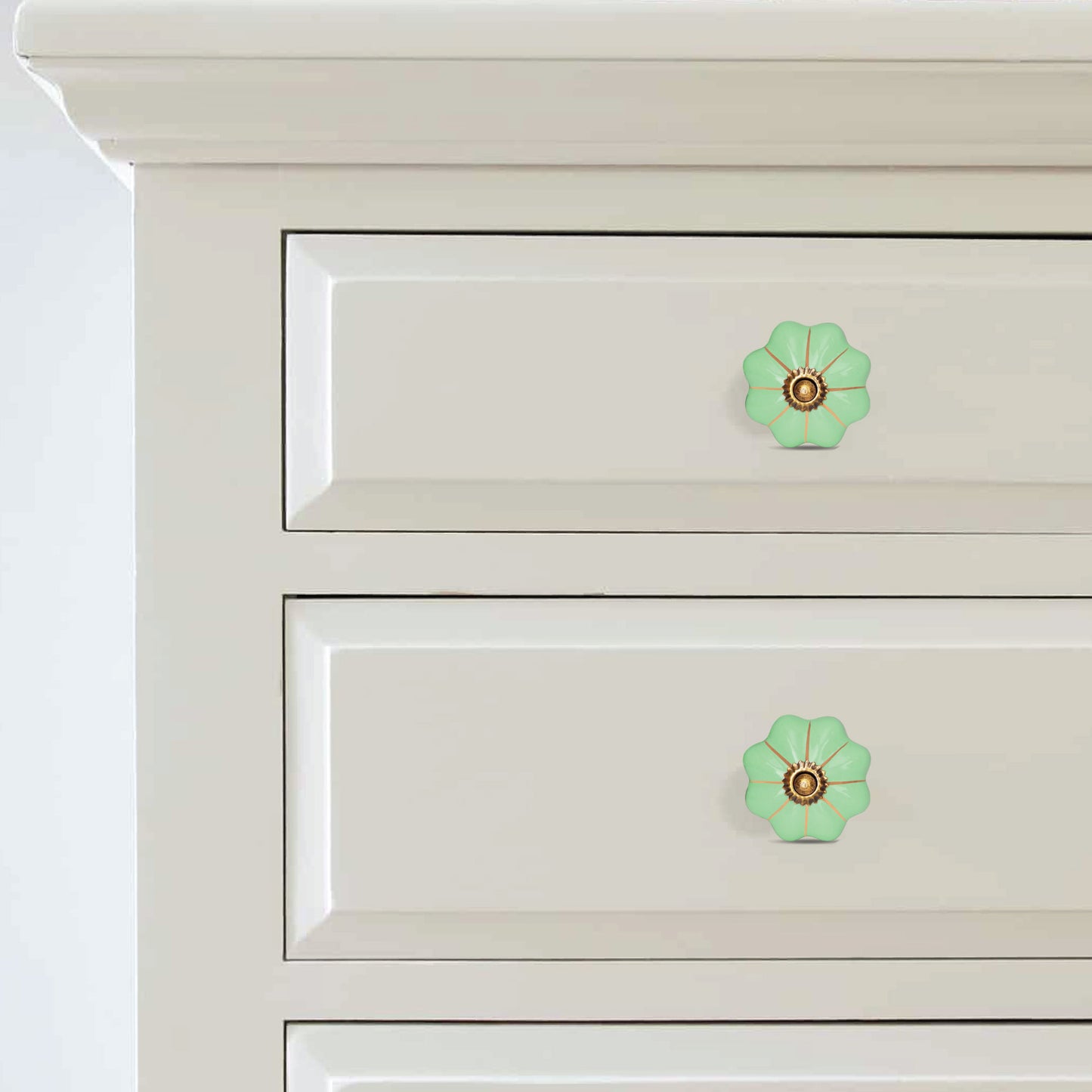 Handcrafted Green Gold Line Detailing Ceramic Drawer Knob | The Indian Aura