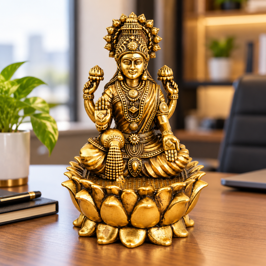Antique Brass Laxmi Idol for Home Temple & Pooja Room | Handcrafted Goddess Laxmi Statue for Mandir, Home Décor & Office Desk | Housewarming, Diwali & Spiritual Gift | The Indian Aura