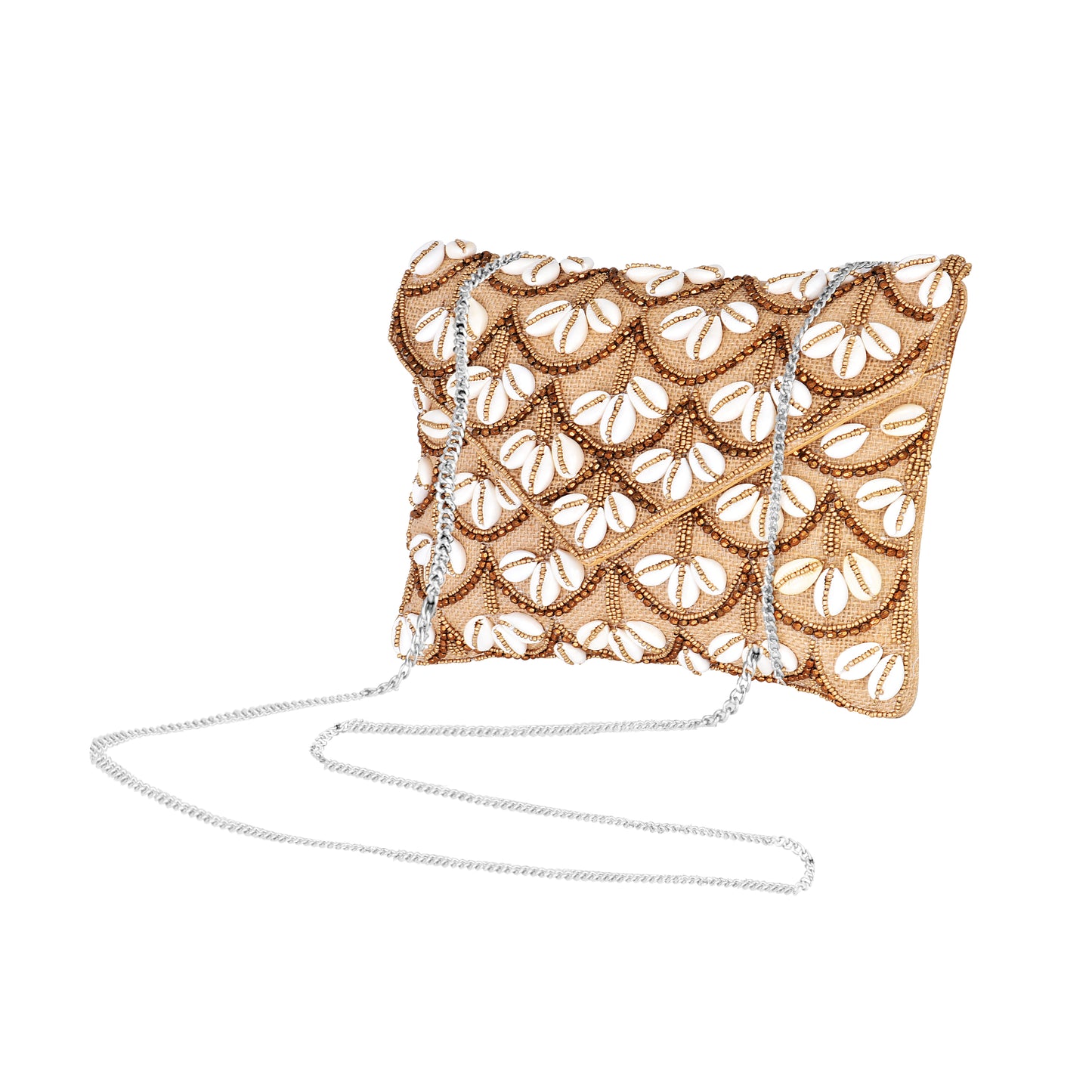 Handmade Golden Beaded Sling Bag with Heavy Shell Detailing | The Indian Aura