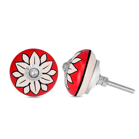 Handcrafted Red Flower Decorative Ceramic Drawer Knob | The Indian Aura