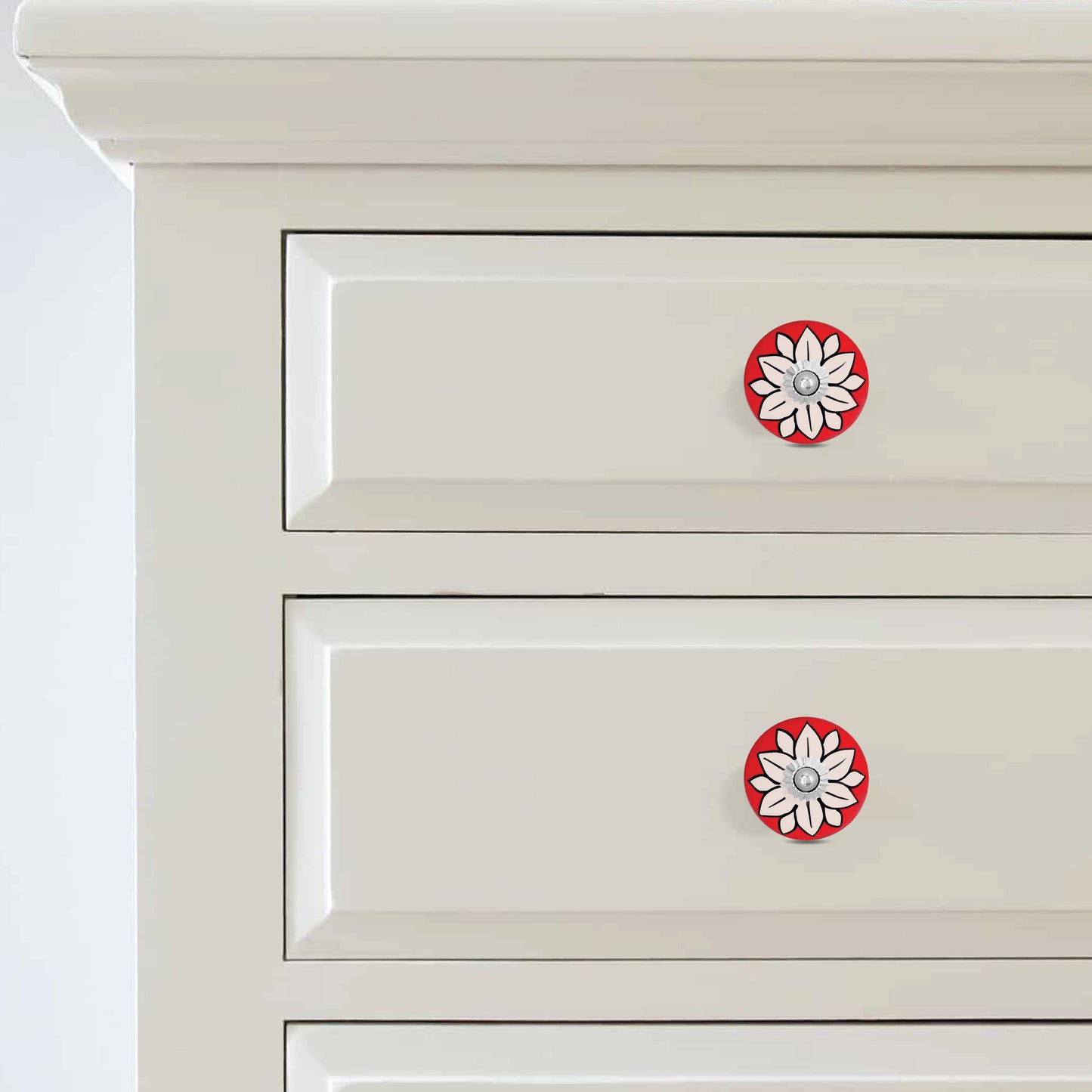 Handcrafted Red Flower Decorative Ceramic Drawer Knob | The Indian Aura