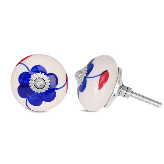 Blue Floral with Red Leaves Hand-Painted Ceramic Drawer Knob | The Indian Aura