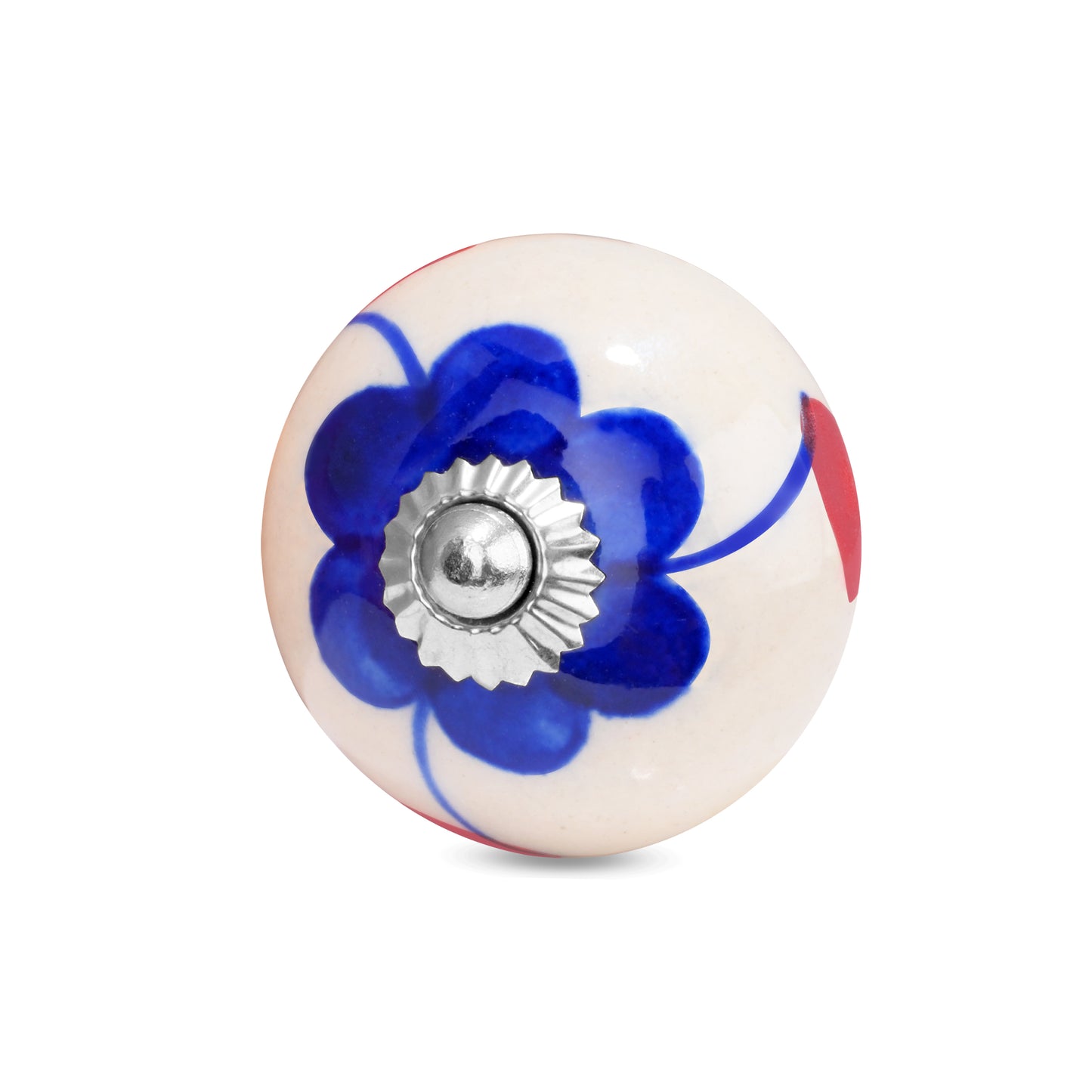 Blue Floral with Red Leaves Hand-Painted Ceramic Drawer Knob | The Indian Aura