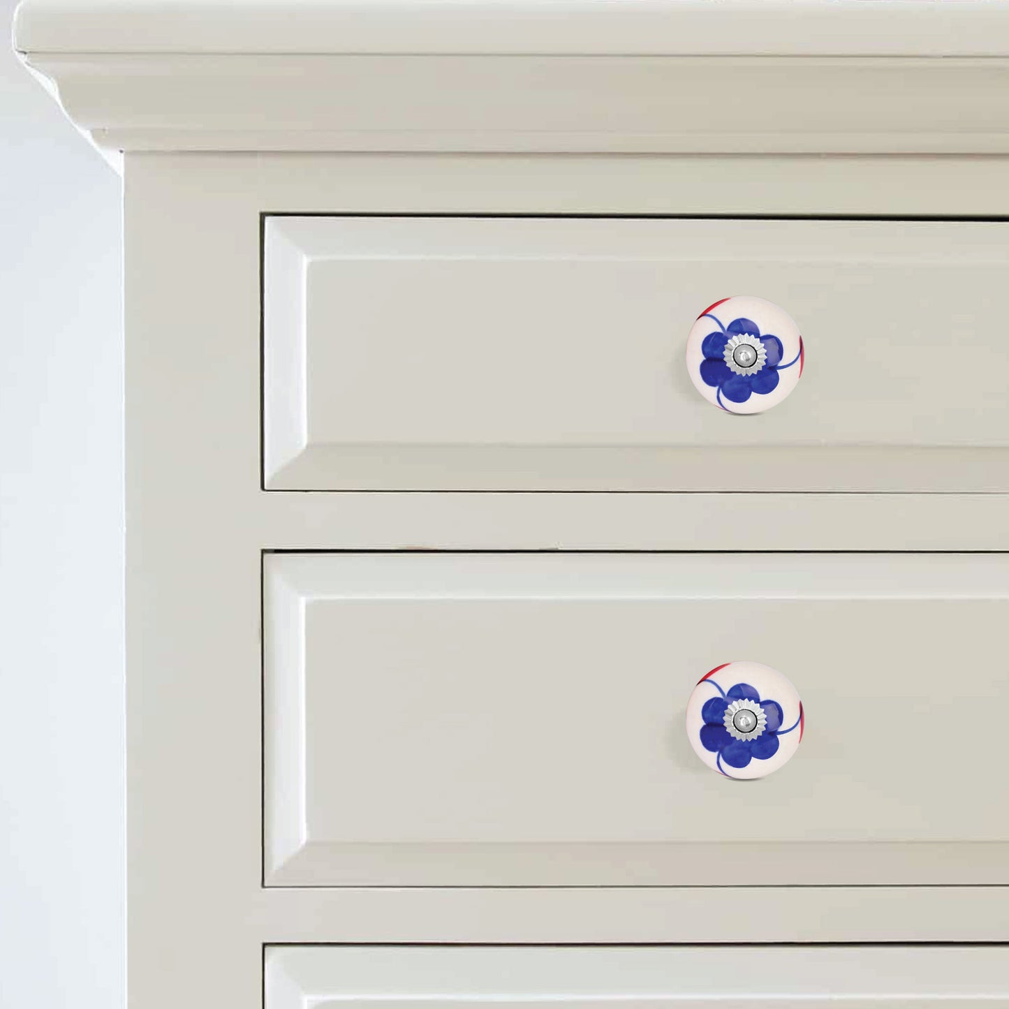 Blue Floral with Red Leaves Hand-Painted Ceramic Drawer Knob | The Indian Aura