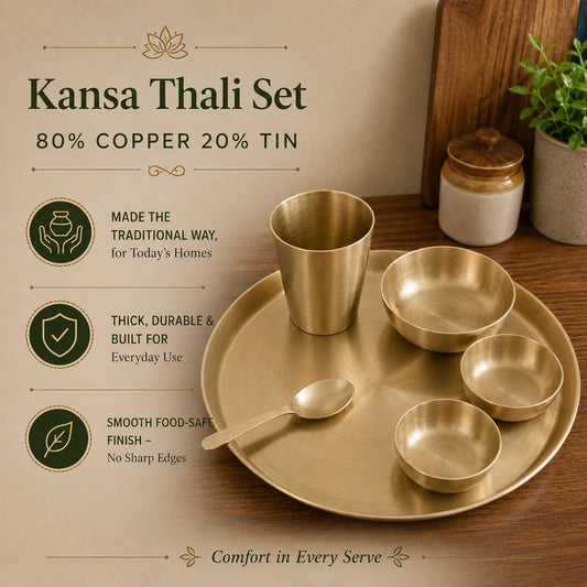 Pure Kansa Matte Finish 13.5 Inch Thali Dinner Set – Traditional Ayurvedic Dinnerware for Healthy & Elegant Dining