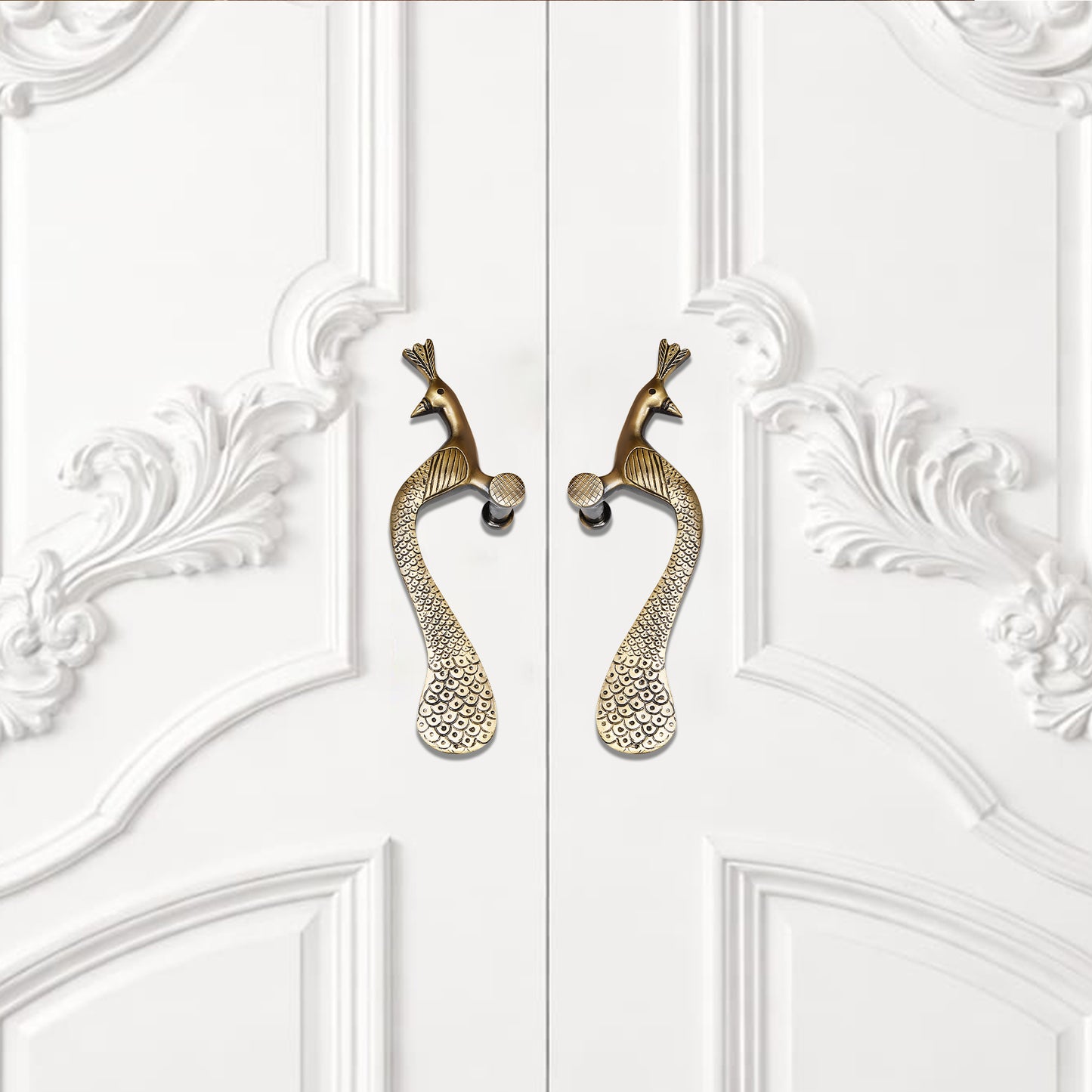 Handcrafted Brass Door Handle – Elegant Peacock Design (Right Turned)