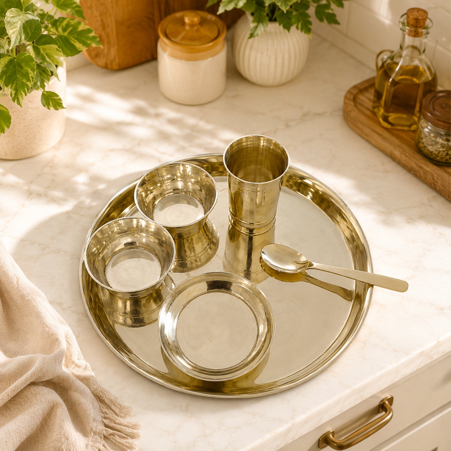 Set of pure kansa glass, bowls, and a spoon with thali