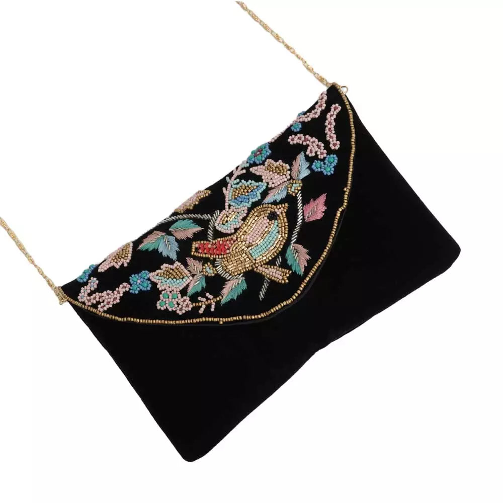 Black Beaded Cotton Sling Bag For Women With Bird Design