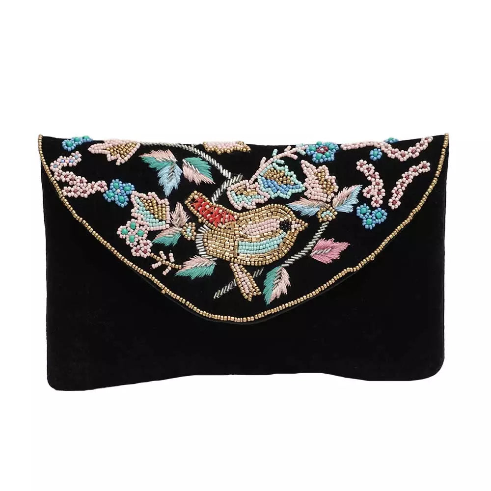 Black Beaded Cotton Sling Bag For Women With Bird Design