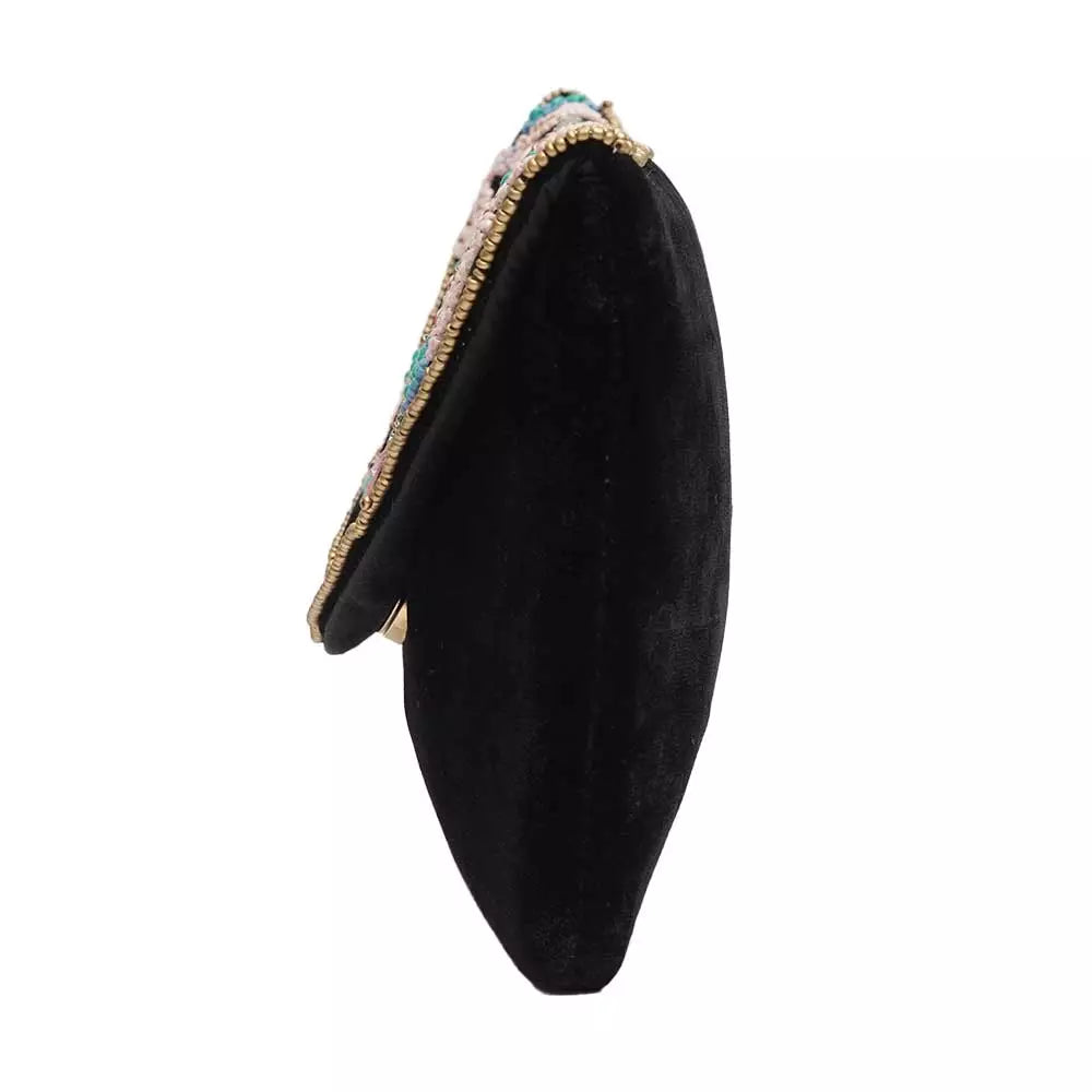 Black Beaded Cotton Sling Bag For Women With Bird Design