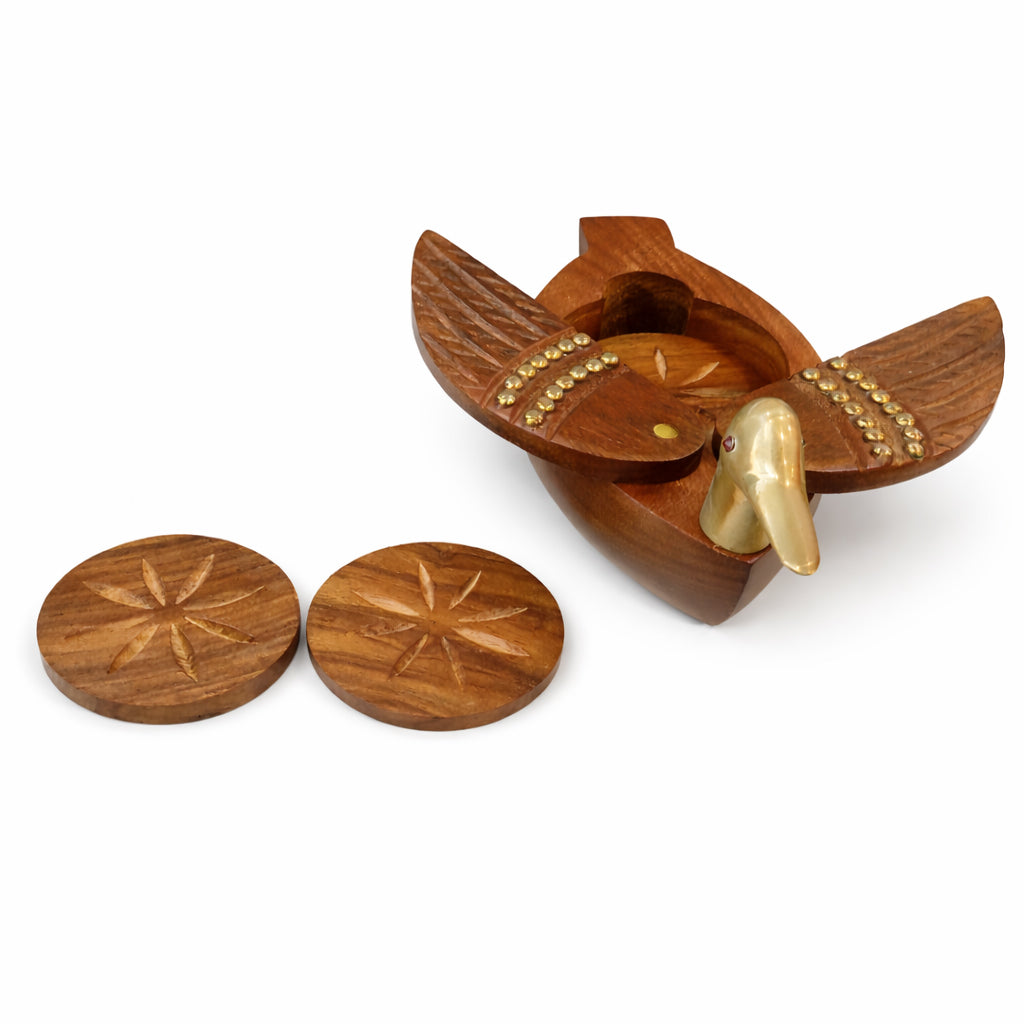 Handcrafted Wood Duck Coaster Set with Brass Head – Round Tea & Coffee Coasters