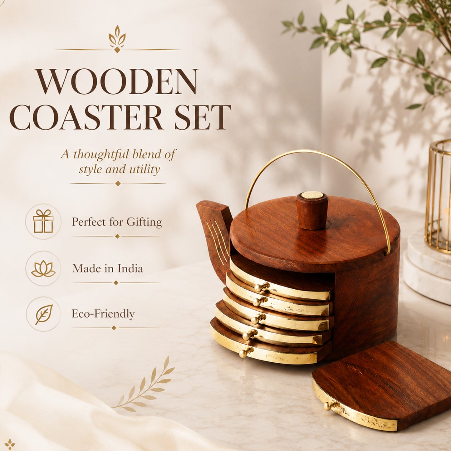 Wooden Tea Coaster Set with Kettle-Shaped Holder – Sheesham Wood & Brass Coasters for Tea Cups, Coffee Mugs & Glasses, Handcrafted Table Decor | Ideal Housewarming & Diwali Gift