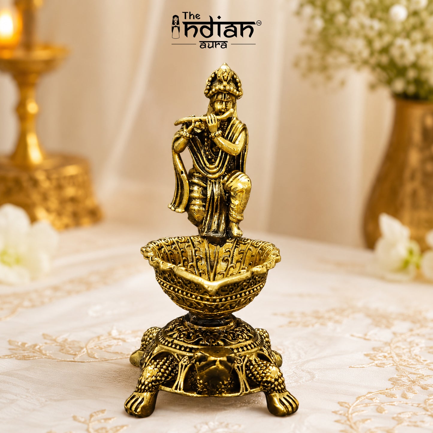Brass Diya Oil Lamp with Turtle Base for Pooja Room, Mandir, Home Temple Décor & Spiritual Gift,Krishna Flute Player