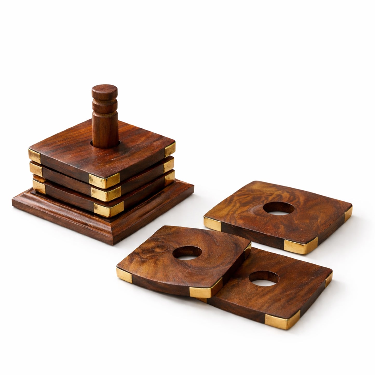 Handcrafted Sheesham Wood Square Coaster Set with Brass Corners – Set of 6 with Stand
