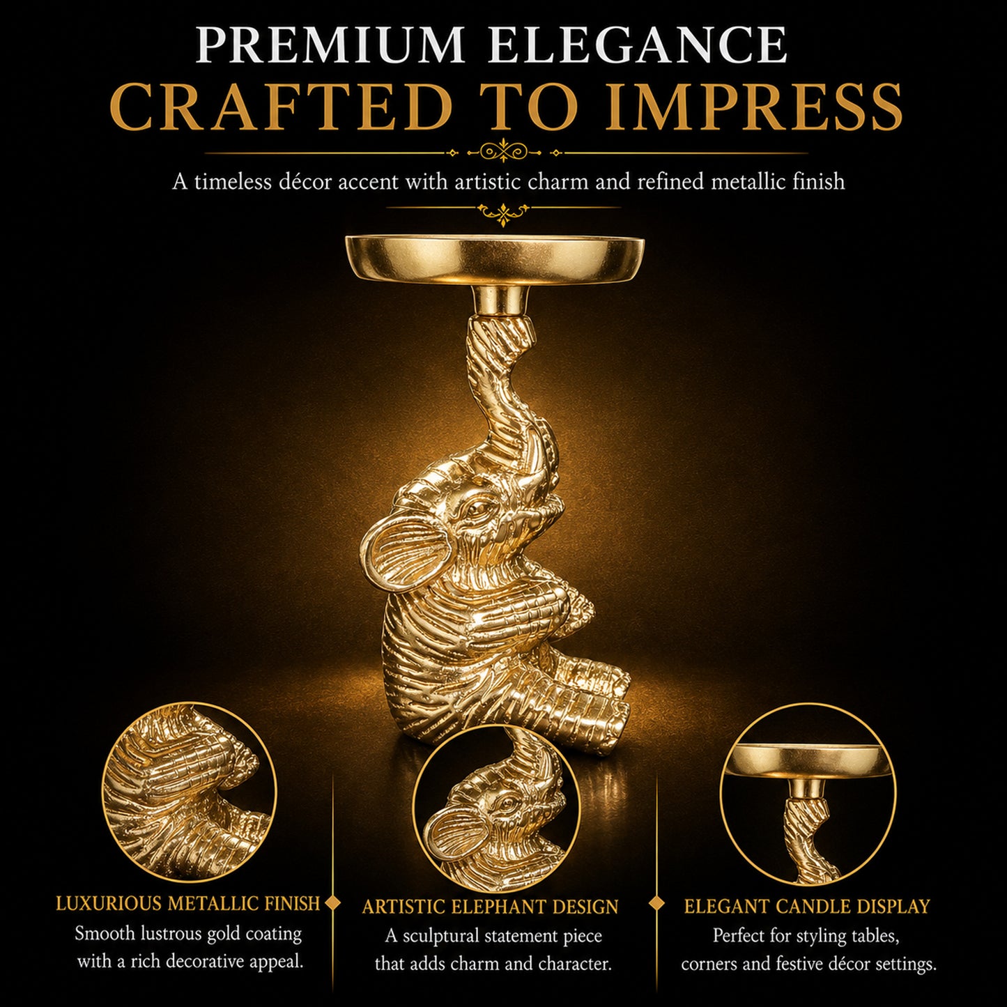 Gold Elephant Pillar Candle Holder Stand – 16 cm Decorative Metal T-Light Holder | The Indian Aura