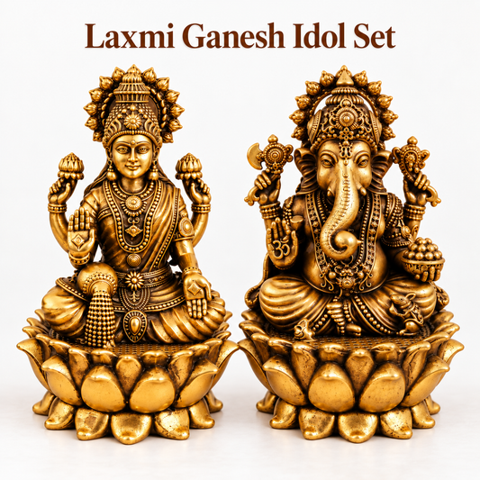 Antique Brass Laxmi Ganesh Idol Set for Gifting | Handcrafted Lakshmi Ganesha Statues for Diwali, Housewarming, Wedding & Festive Gifts | Spiritual Gift for Family & Loved Ones | The Indian Aura
