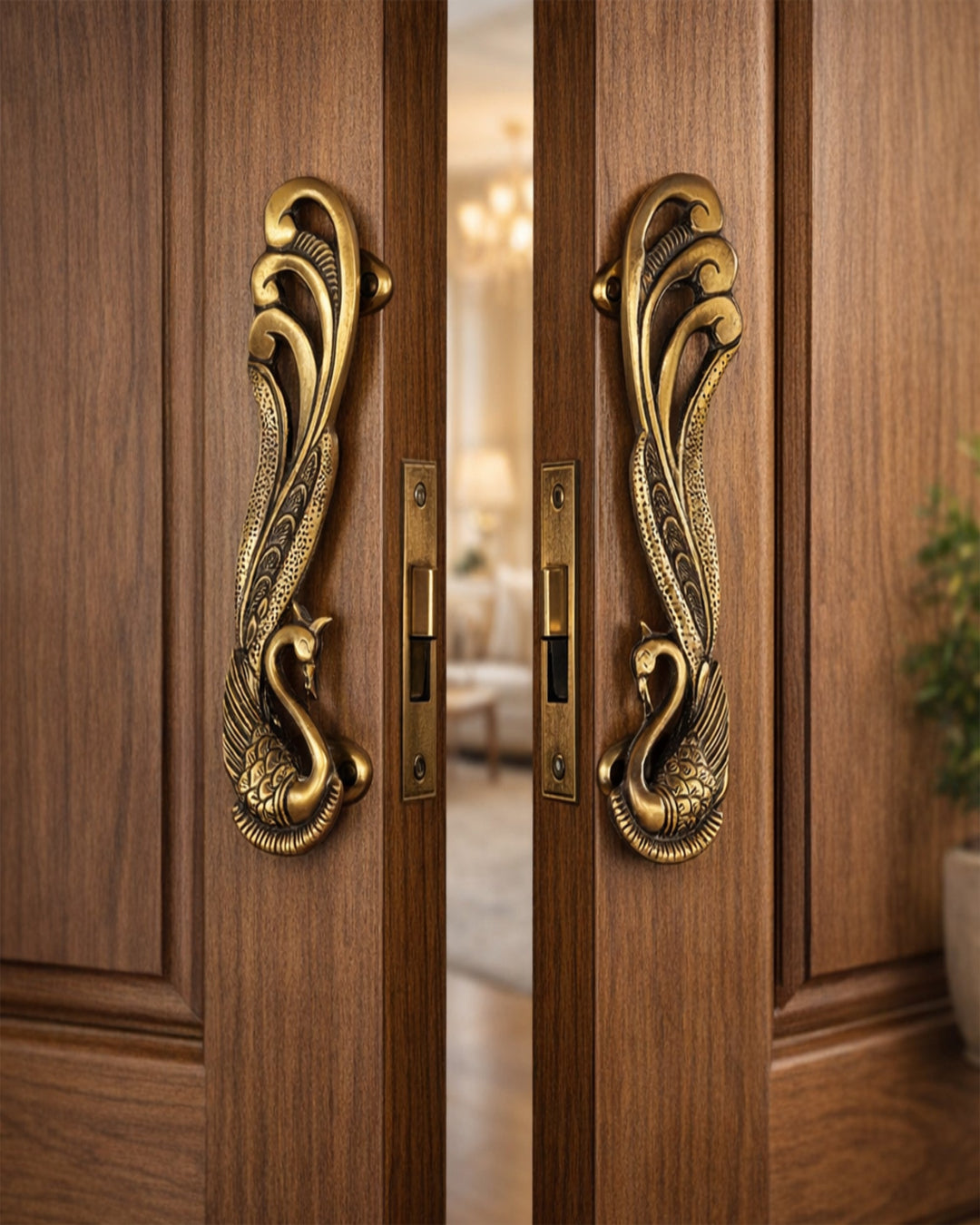Wooden door with Brass door handles in a softly blurred interior setting.