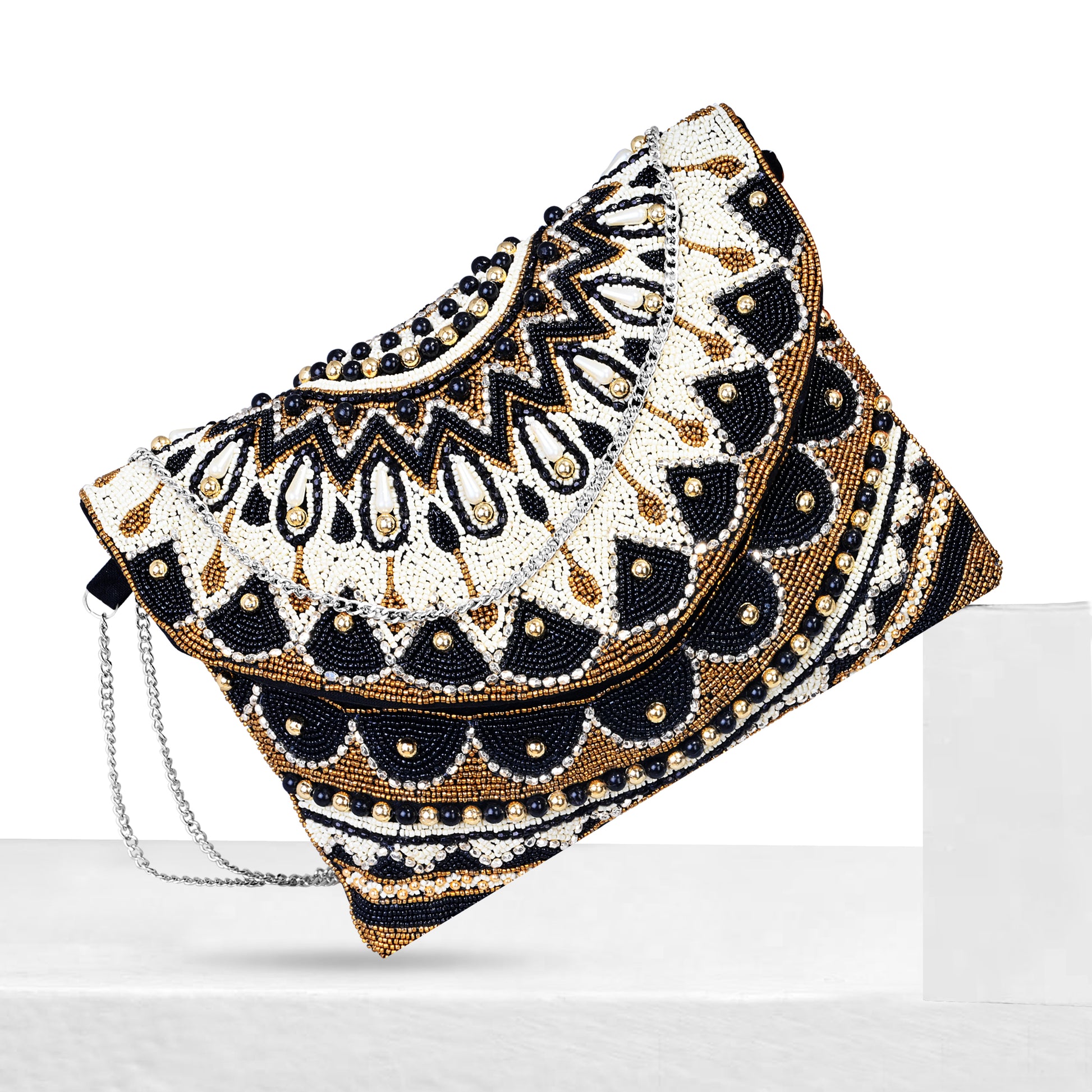 Black & White Beaded Sling Bag for Women