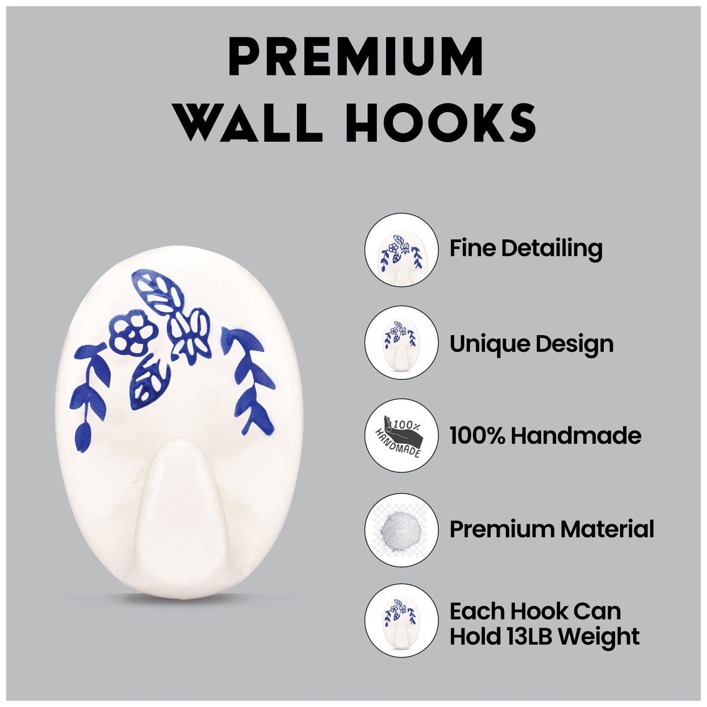 Ceramic Blue White No Drill Wall Hooks