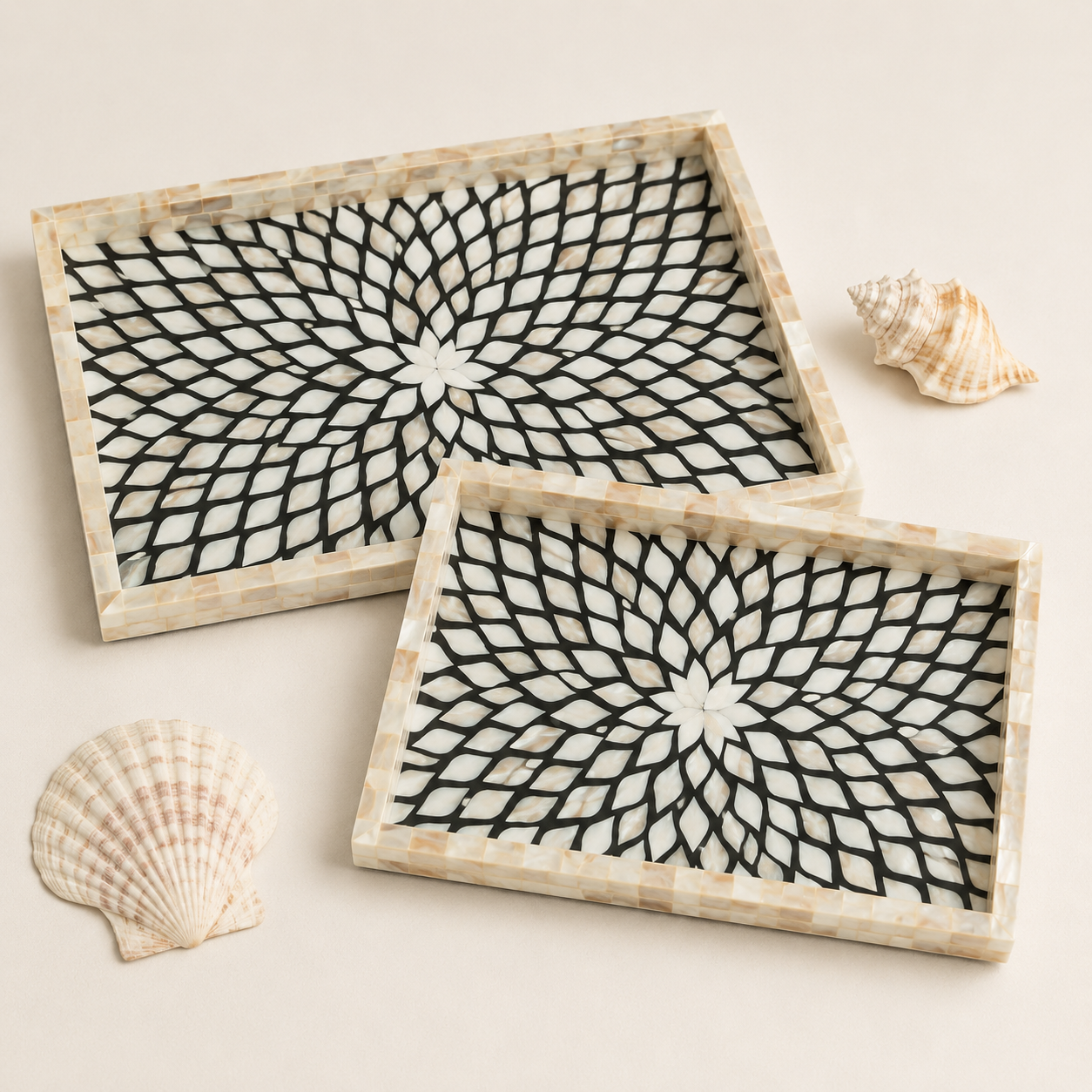 Handcrafted Mother of Pearl Rectangular Tray Set of 2 | Real Shell Inlay Decorative Serving Trays | Black Floral Mosaic Design for Home Décor, Vanity, Coffee Table & Gifting