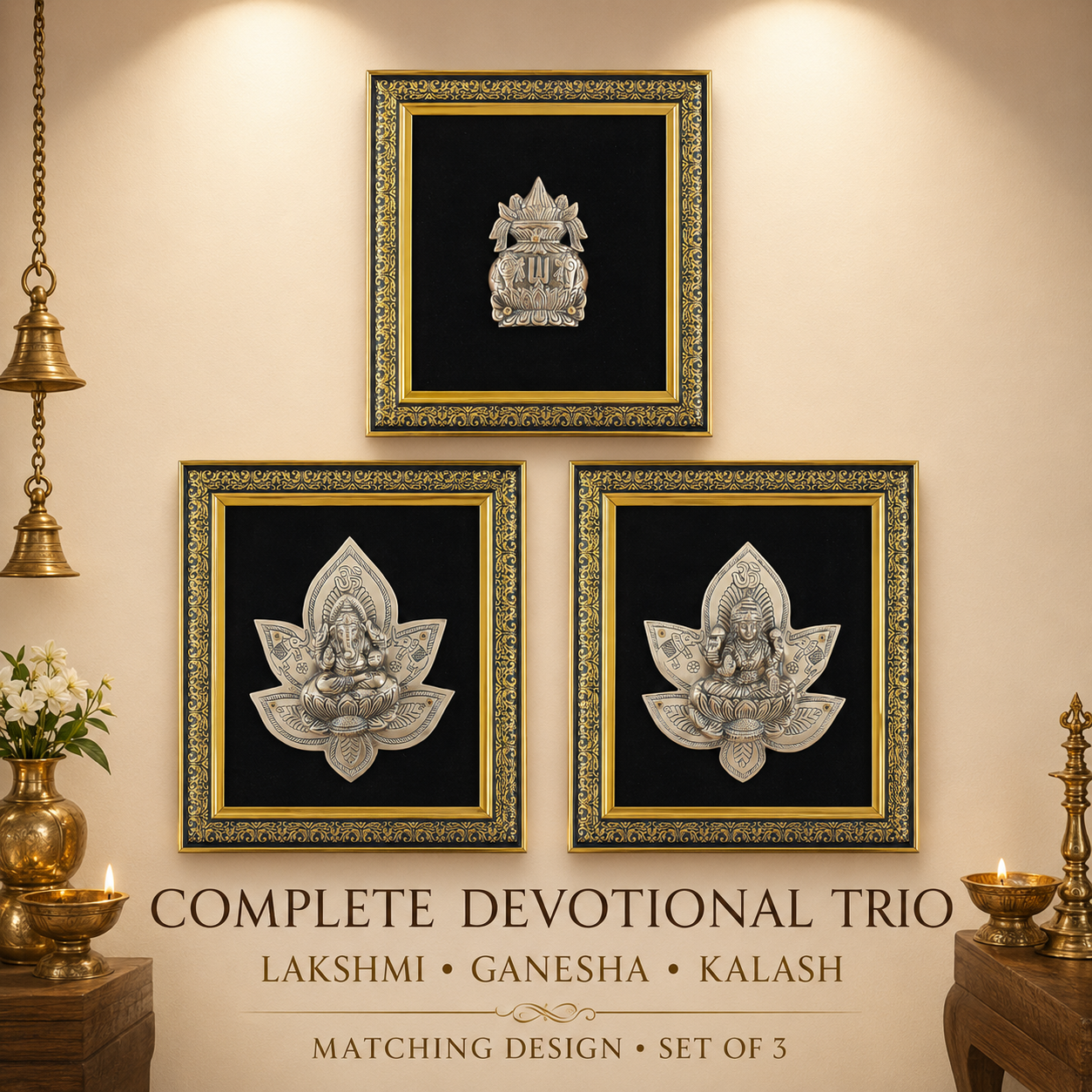Pure Brass Lakshmi Ganesha Kalash Wall Frame Set of 3 – Antique Finish | The Indian Aura