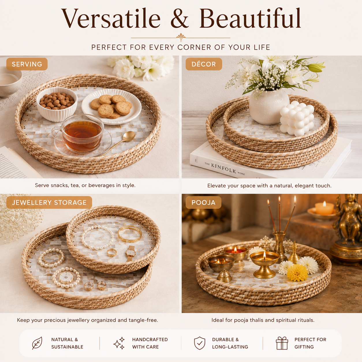 Handcrafted Mother of Pearl Round Tray Set of 2 | Woven Natural Rim Decorative Serving Trays for Home Décor, Jewellery Storage, Pooja & Gifting | 10 & 12 Inch