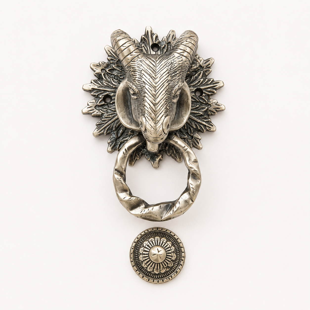 Regal Heritage Ram Head Door Knocker – Antique Brass Finish | The Indian Aura