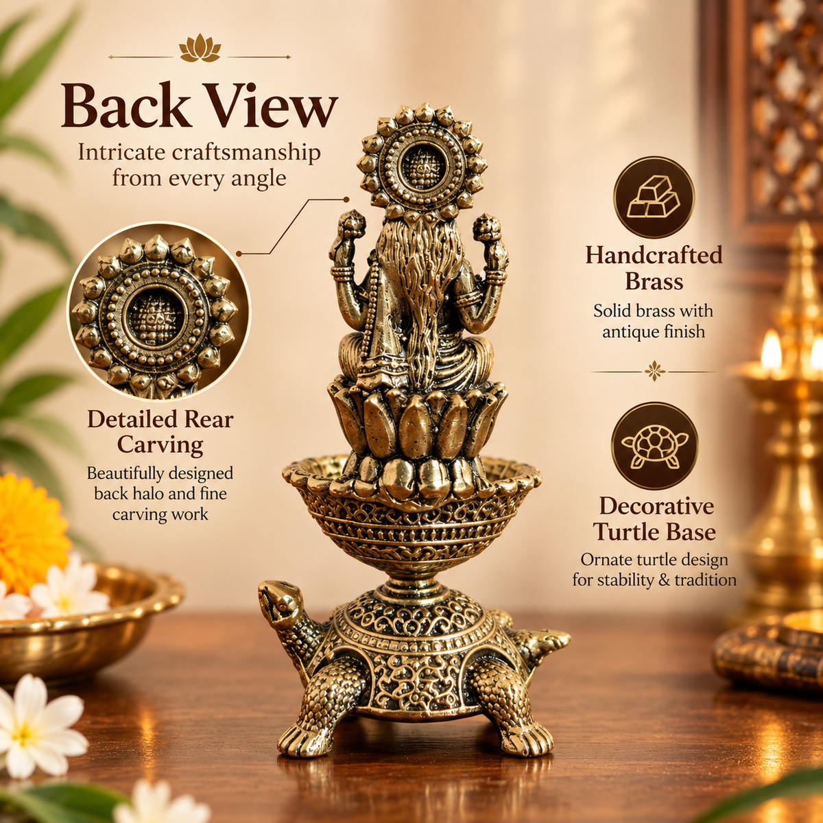 Antique Brass Lakshmi Diya with Turtle Base for Puja & Home Decor | The Indian Aura