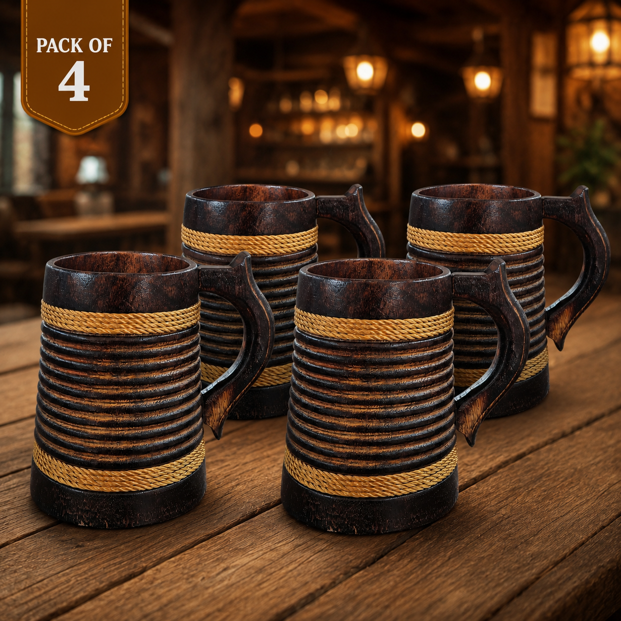 Rustic Wooden Beer Mug | Handcrafted Brown Barrel Tankard with Ribbed Design | Vintage Wooden Coffee Mug | Beer Stein for Beer, Tea & Juice
