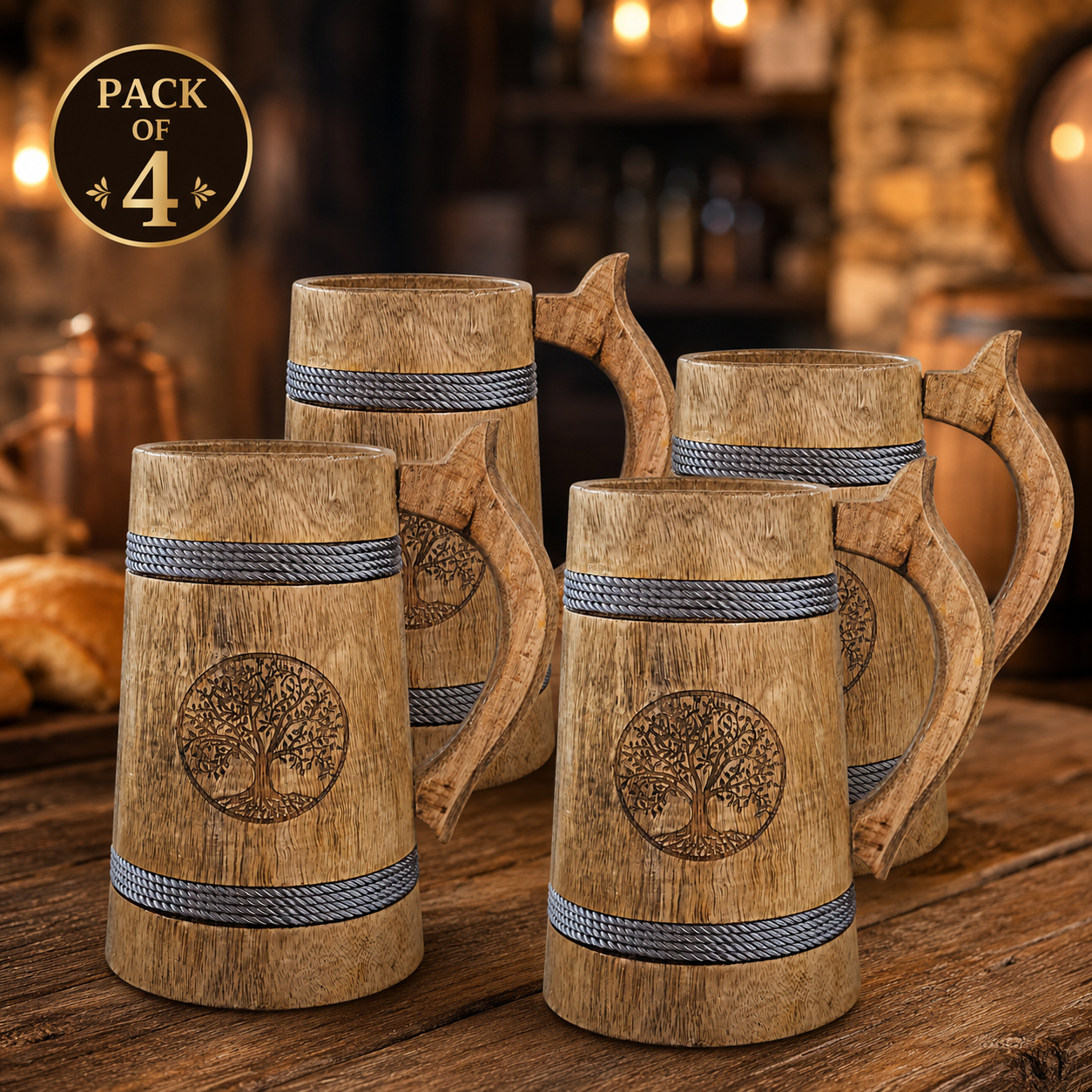 Handcrafted Natural Wooden Beer Mug | Tree of Life Engraved Wooden Tankard | Rustic Coffee Mug | Wooden Beer Stein for Beer, Tea & Juice