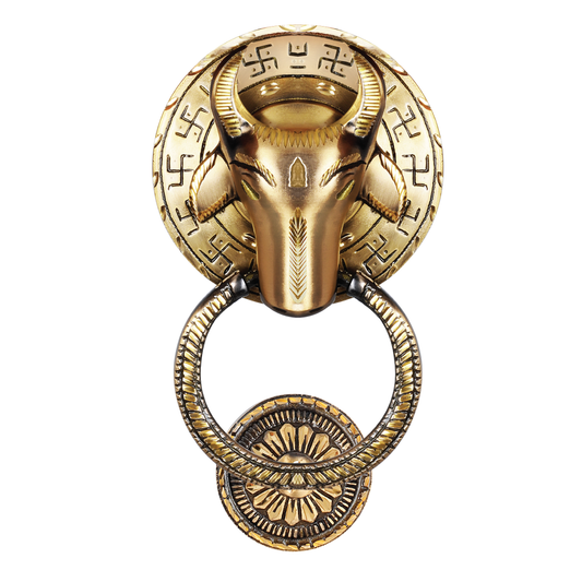 A brass door knocker in the shape of a Nandi bull's head