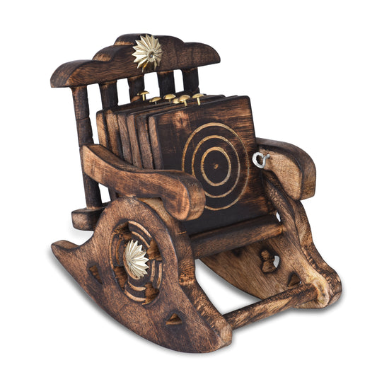 A set of wooden coasters designed to resemble an antique Indian rocking chair, including six coaster pieces and one coaster stand.