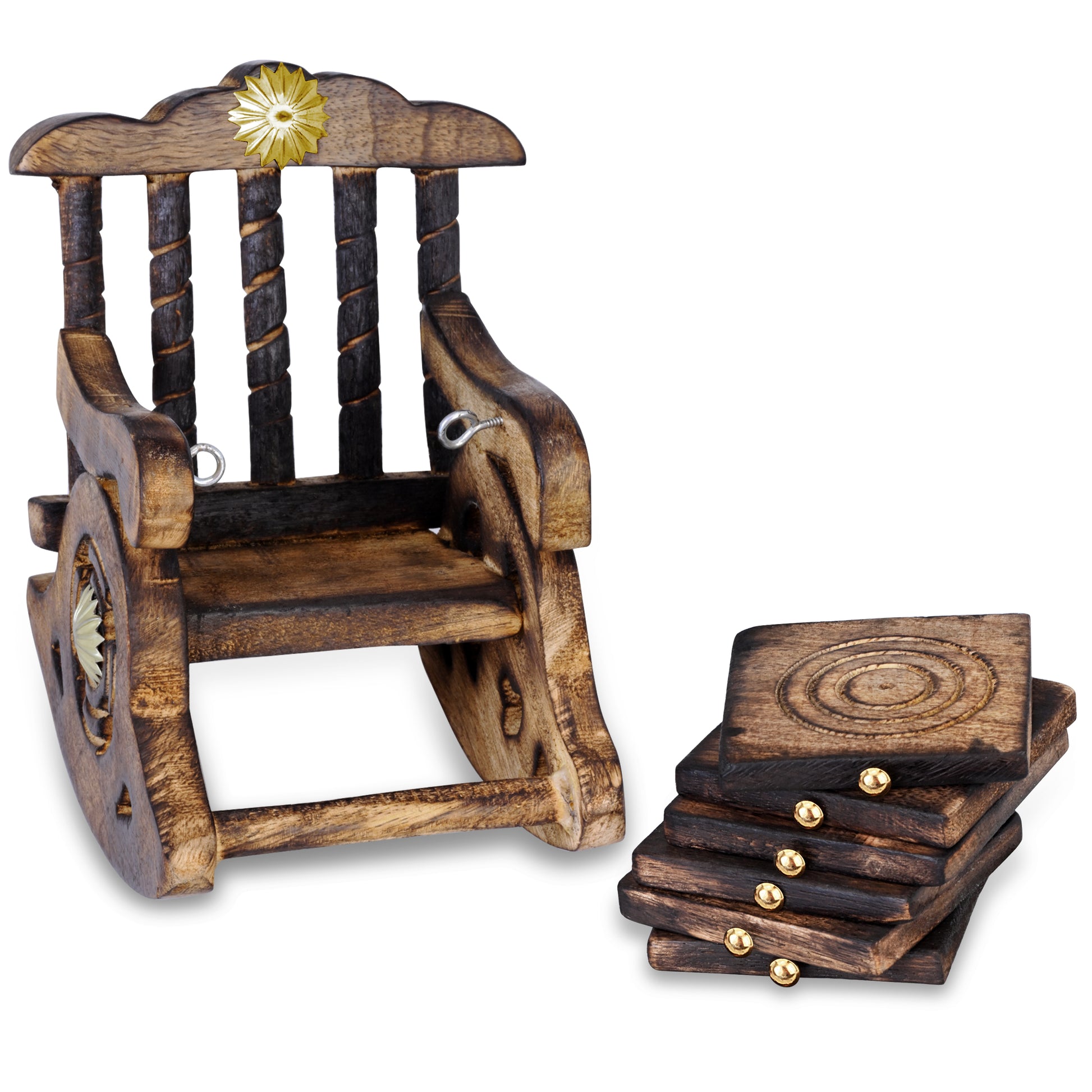 Wooden coasters set with rocking chair shape holder