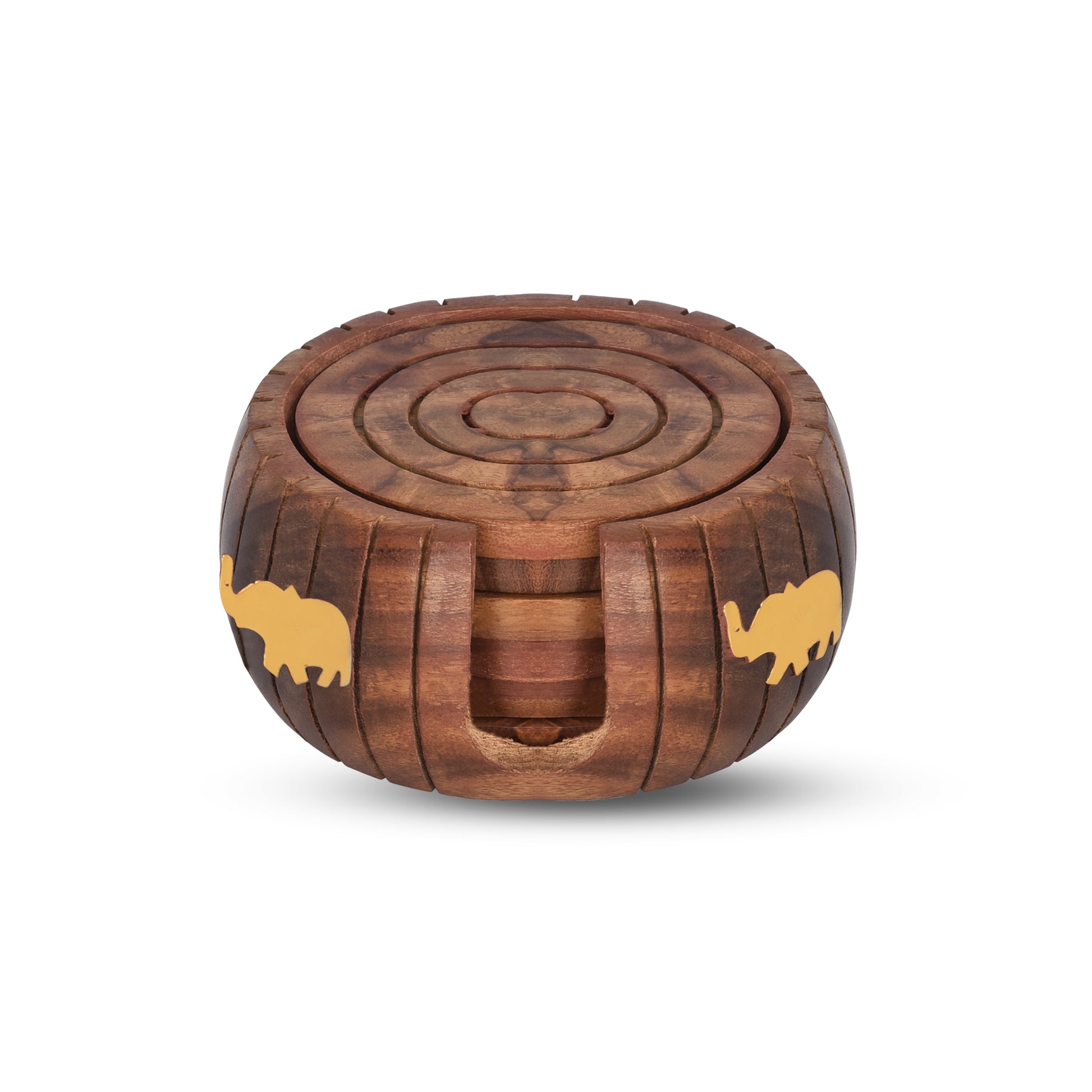 A round, brown wooden coaster with a half-barrel-shaped holder