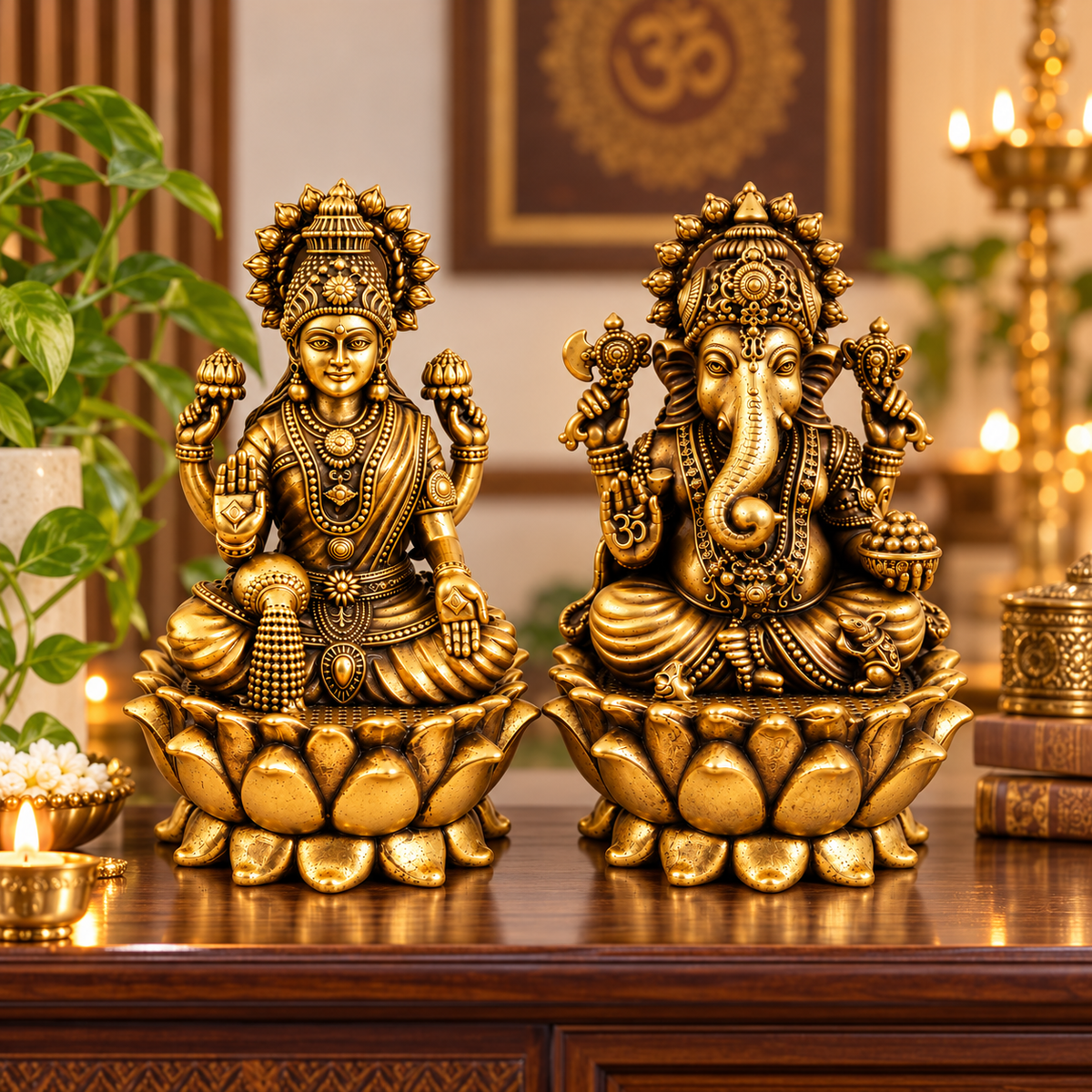 Antique Brass Laxmi Ganesh Idol Set for Home Temple, Pooja Room & Mandir | Handcrafted Laxmi Ganesh Statues for Home Décor & Office Desk | Diwali, Housewarming & Spiritual Gift | The Indian Aura