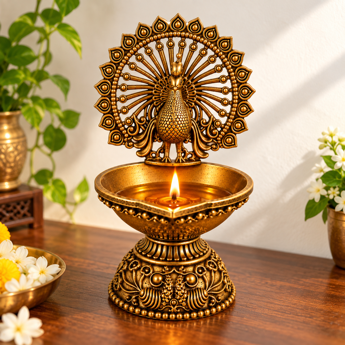 Antique Brass Peacock Diya for Pooja Room, Mandir & Home Temple Décor | Traditional Oil Lamp for Diwali, Puja & Gifting| The Indian Aura