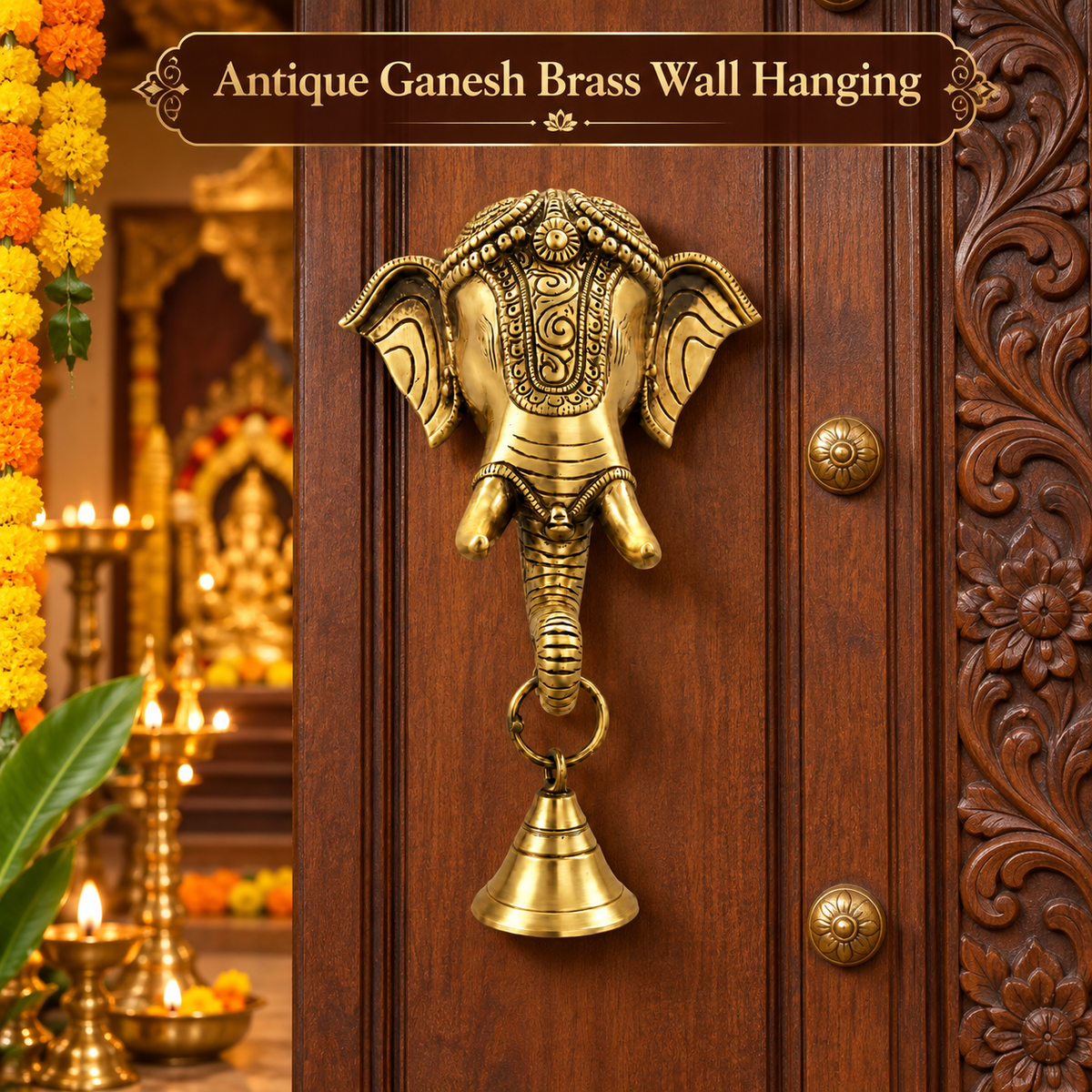 Antique Gold Pure Brass Ganesh Wall Hanging with Decorative Bell for Divine Home Décor | The Indian Aura