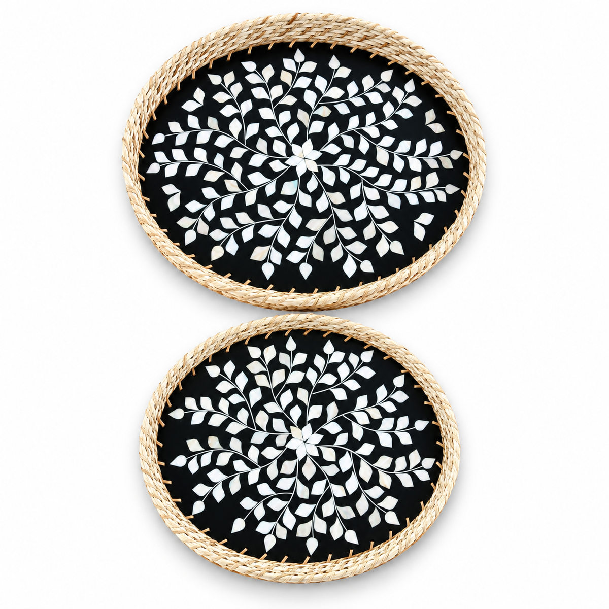 Handcrafted Mother of Pearl Oval Black Tray Set of 2 with Natural Jute Border – Decorative, Serving & Gifting Trays