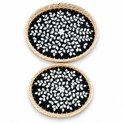 Handcrafted Mother of Pearl Oval Black Tray Set of 2 with Natural Jute Border – Decorative, Serving & Gifting Trays