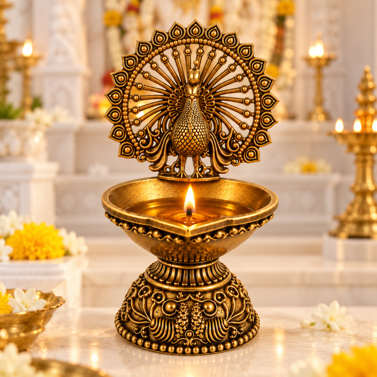 Antique Brass Peacock Diya  for Pooja Room, Mandir & Home Temple Décor | Traditional Oil Lamp for Diwali, Puja & Gifting| The Indian Aura