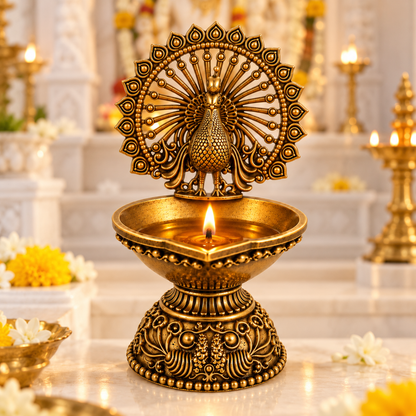 Antique Brass Peacock Diya  for Pooja Room, Mandir & Home Temple Décor | Traditional Oil Lamp for Diwali, Puja & Gifting| The Indian Aura