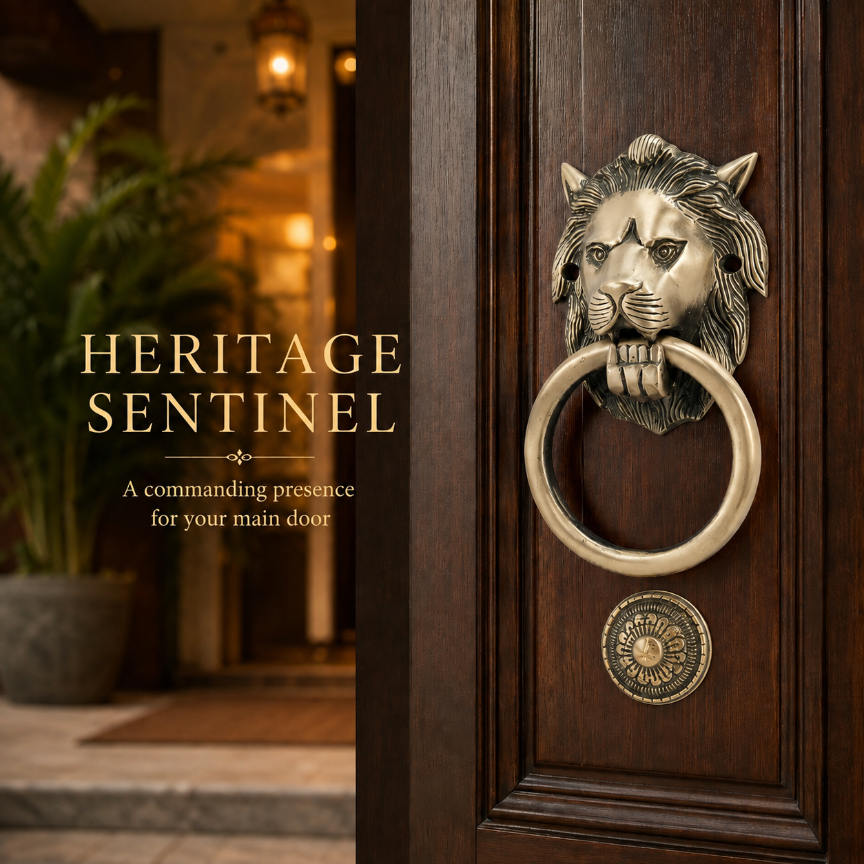 Heritage Sentinel Compact Lion Head Door Knocker – Antique Brass Finish | The Indian Aura