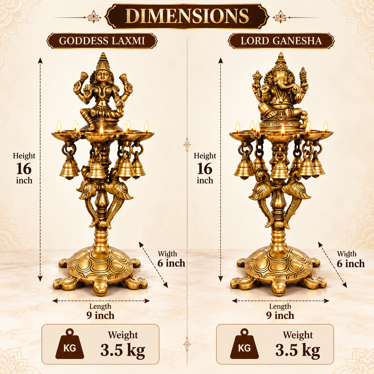 Pure Brass Laxmi Ganesha Pair Diya Stand with 7 Oil Holders – Antique Finish | The Indian Aura