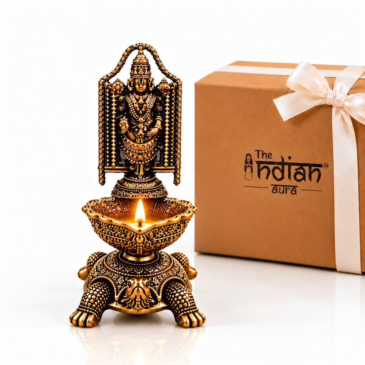 The Indian Aura Pure Brass Lord Venkateswara Diya with Turtle Base For Gifting | Premium Spiritual Gift for Housewarming, Wedding, Diwali, Anniversary & Festive Occasions | Antique Finish, 8.8 cm Height, Traditional Pooja Oil Lamp