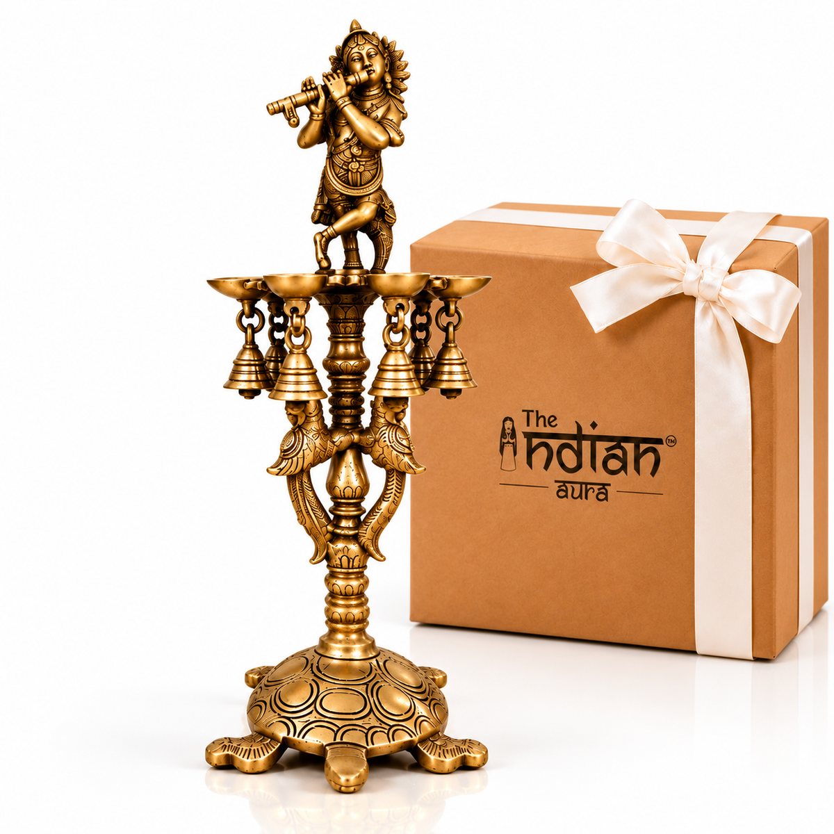 Brass Krishna Diya Stand with 7 Oil Holders – Antique Finish Traditional Decorative Oil Lamp for Diwali Gifting, Housewarming, Wedding, Anniversary & Festive Gifts | The Indian Aura
