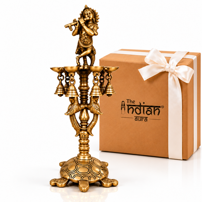 Brass Krishna Diya Stand with 7 Oil Holders – Antique Finish Traditional Decorative Oil Lamp for Diwali Gifting, Housewarming, Wedding, Anniversary & Festive Gifts | The Indian Aura