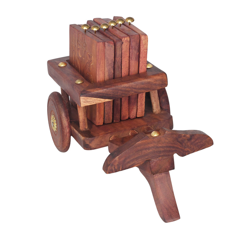 Handcrafted Sheesham Wood Table Coaster Set with Trolley | The Indian Aura